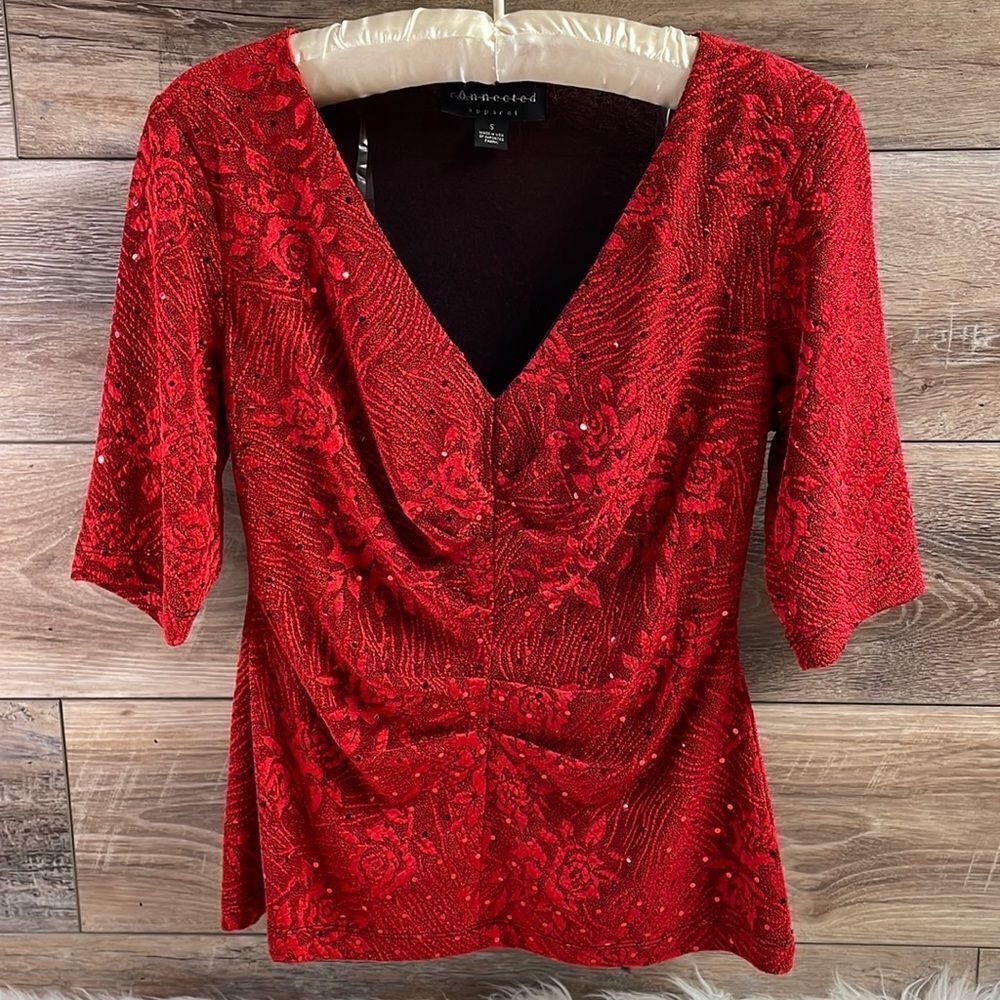 Connected Apparel Ladies Holiday Sequined Dress Blouse, Size S, Red with Sequins